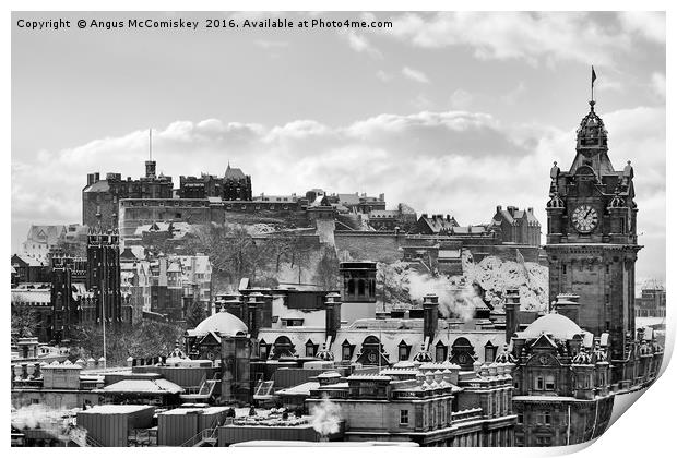 Edinburgh Castle and city skyline in snow mono Print by Angus McComiskey