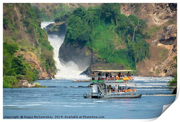 Tourist boat in front of Murchison Falls in Uganda Print by Angus McComiskey