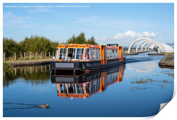 Canal boat leaving Falkirk Wheel behind Print by Angus McComiskey
