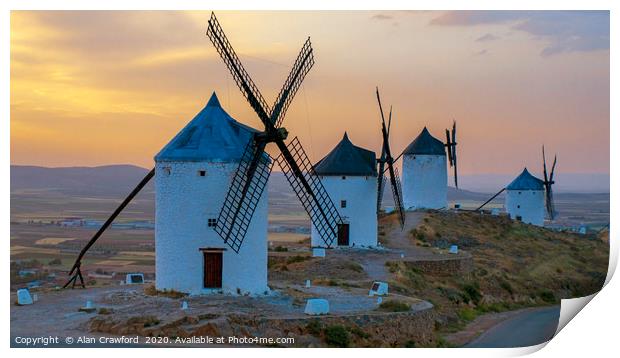 Sunset on the windmills at Consuegra, Spain Print by Alan Crawford