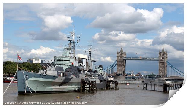 HMS Belfast and Tower Bridge, London Print by Alan Crawford