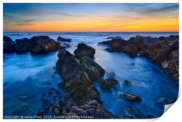 Rocky Asilomar Beach in Monterey Bay at sunset. Print by Jamie Pham