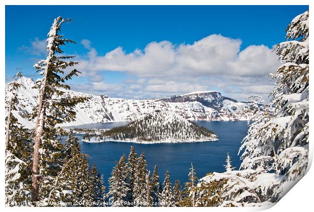 Beautiful view of Crater Lake covered in snow in t Print by Jamie Pham