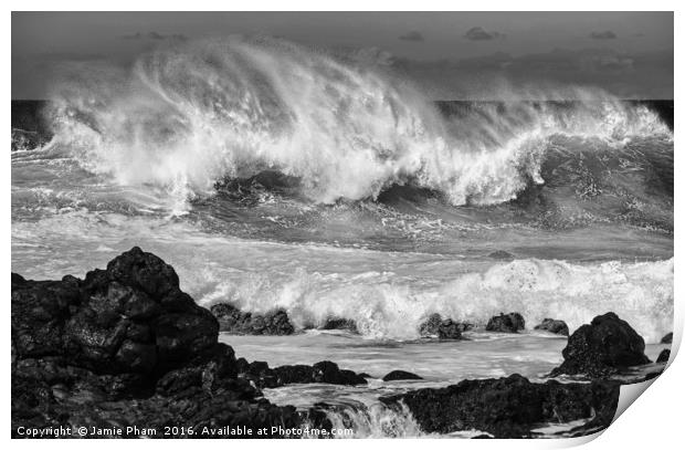 The large and spectacular waves at Hookipa Beach  Print by Jamie Pham