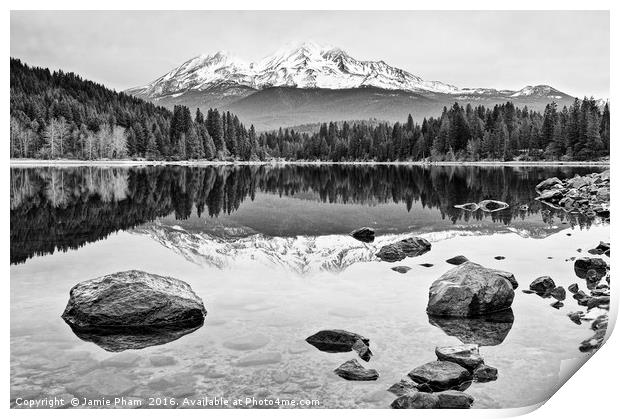 A dramatic view of Mount Shasta from Lake Siskiyou Print by Jamie Pham