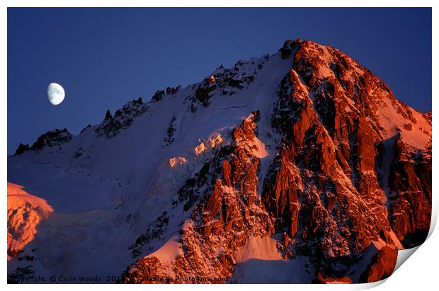Moonrise and sunset on the Aiguille de Chardonnet Print by Colin Woods