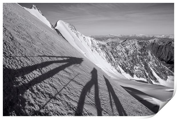 Shadows of three climbers in the Swiss Alps Print by Colin Woods