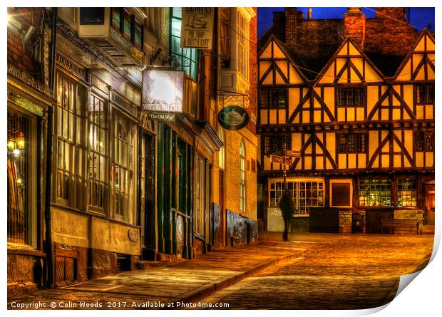 Steep Hill in Lincoln , England at Night Print by Colin Woods