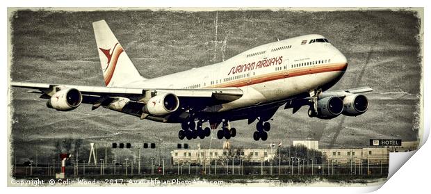 A Surinam Airways Boeing 747 landing at Schiphol a Print by Colin Woods