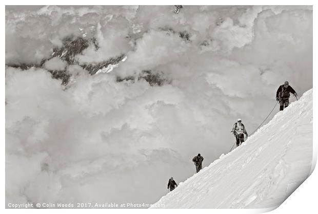 Climbers high in the Swiss Alps, on the traverse o Print by Colin Woods