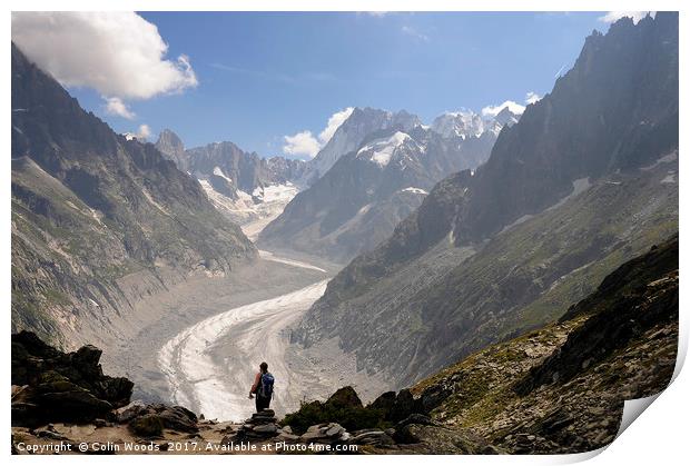 A lone person admiring the Mer de Glace, Chamonix Print by Colin Woods