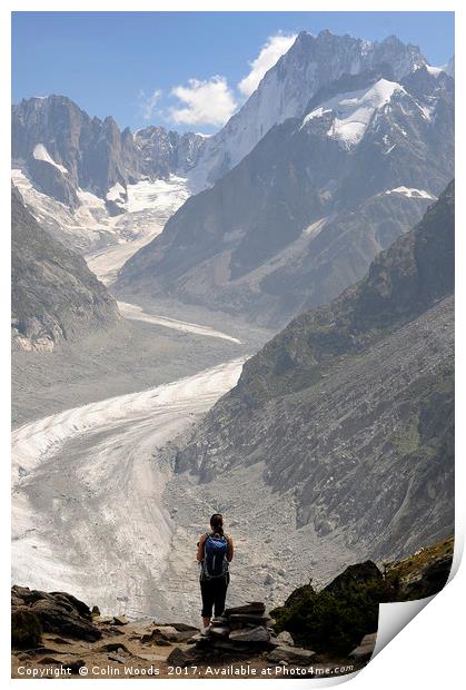 A lone person admiring the Mer de Glace, Chamonix Print by Colin Woods