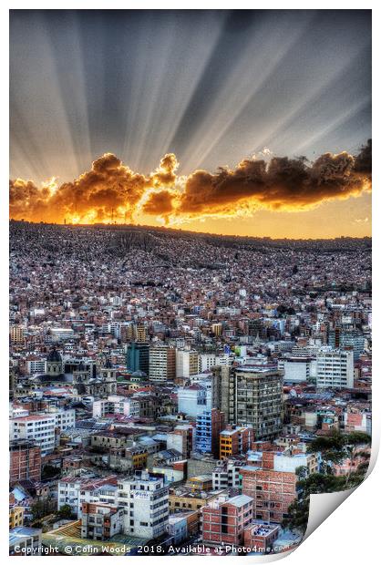 A dramatic sunset over La Paz Bolivia Print by Colin Woods