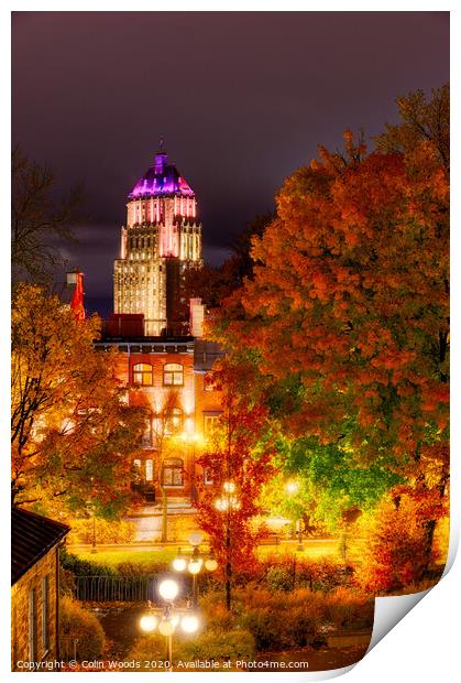 Building The Price Building, Quebec City, at night in autumn. Print by Colin Woods