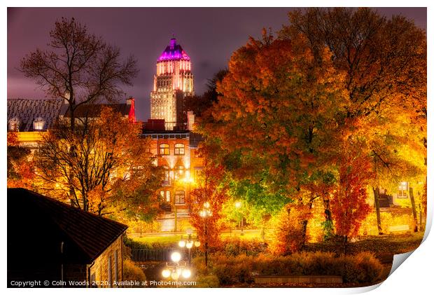 The Price Building, Quebec City, at night in autumn. Print by Colin Woods