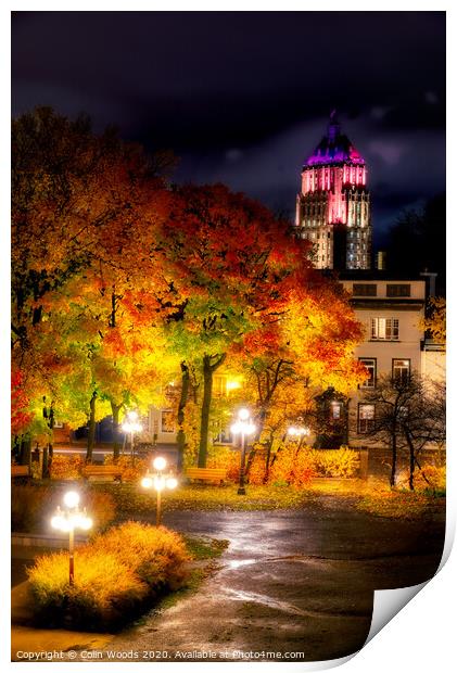 The Price Building, Quebec City, at night in autumn. Print by Colin Woods