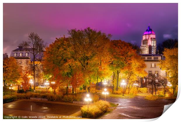 The Price Building, Quebec City, at night in autumn. Print by Colin Woods