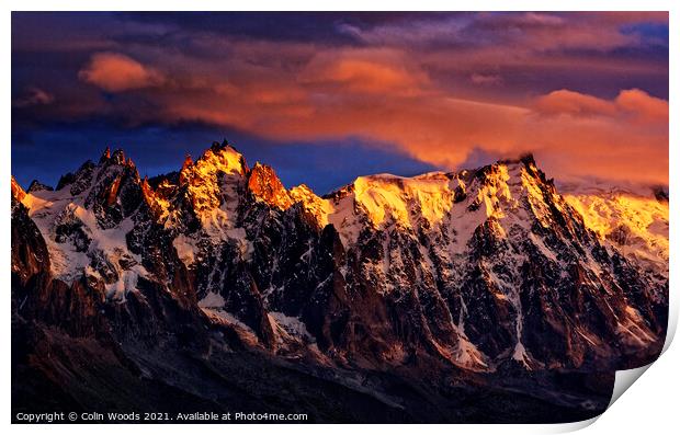 Fiery sunset light on the Chamonix Aiguilles in the French Alps Print by Colin Woods