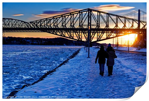 Walking by the frozen St Lawrence river in Quebec City, Canada Print by Colin Woods