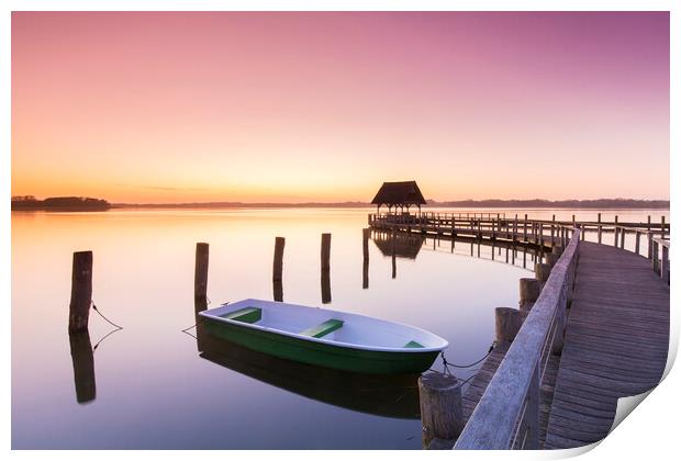 Jetty and Boat at Sunrise Print by Arterra 