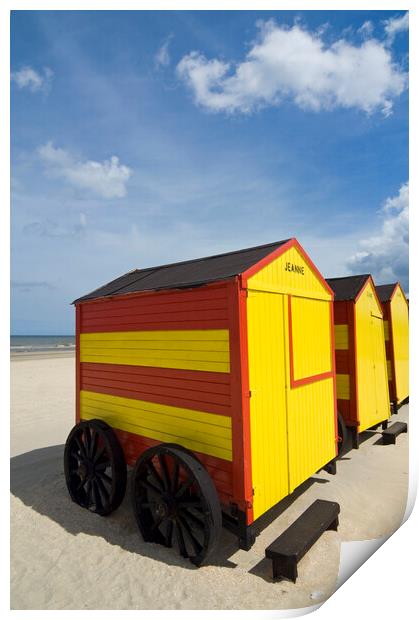 Yellow and Red Beach Huts on Wheels Print by Arterra 