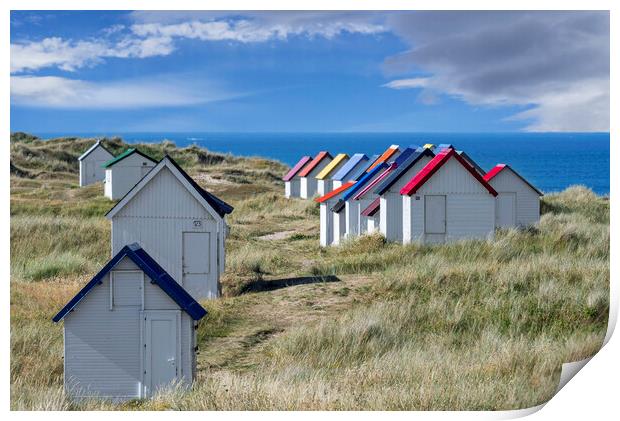 Beach Huts in Gouville-sur-Mer, Normandy Print by Arterra 
