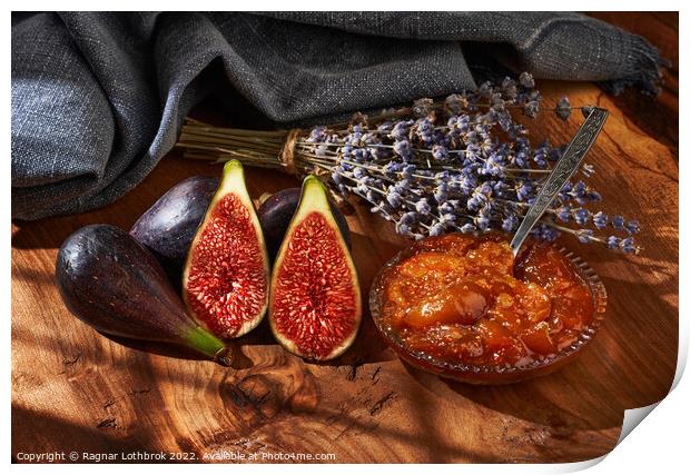 Figs and jam on a wooden board Print by Ragnar Lothbrok