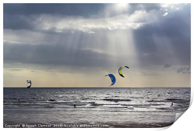 Kiteboarders at Cleveleys Print by Joseph Clemson