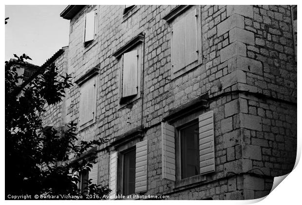 Black and white building with windows and shutters Print by Barbara Vizhanyo
