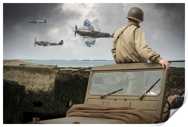 American GI on Normandy beach watches Spitfires Print by George Cairns