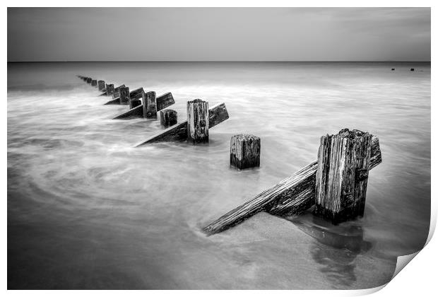 Groynes at Barmouth in Mono Print by Janette Hill