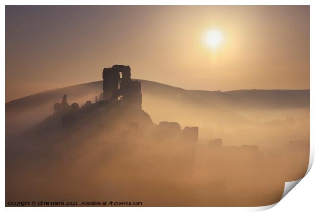 Misty sunrise at Corfe Castle Print by Chris Harris