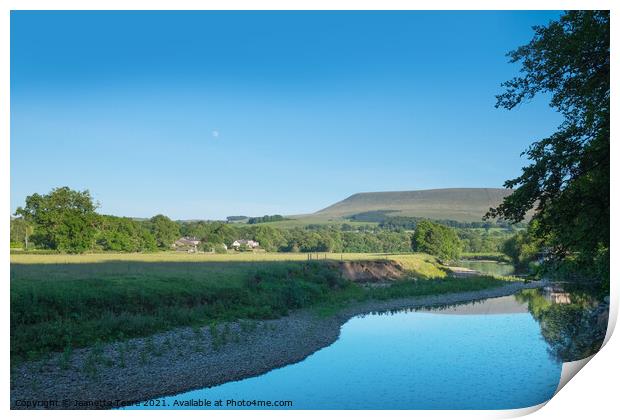 River Ribble and Pendle Hill, where peaceful waters flow Print by Jeanette Teare
