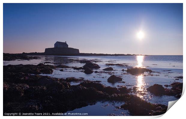 Cwyfan sunset. The chapel in the sea, off Anglesey, Wales. Print by Jeanette Teare