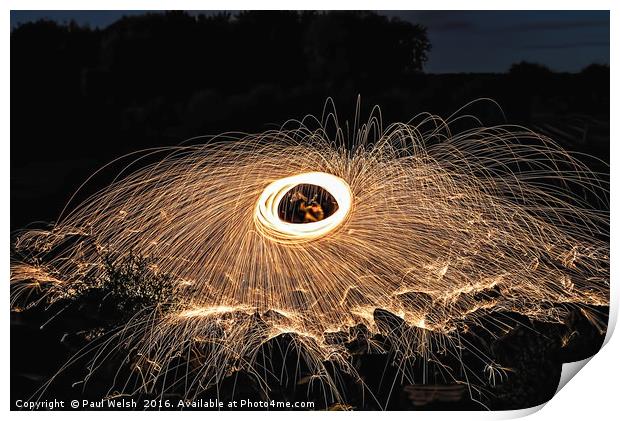Fire Spinning At Broken Scar Weir Print by Paul Welsh