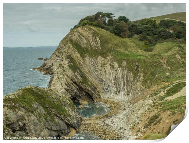 Rock formations at Lulworth Cove Print by JUDI LION