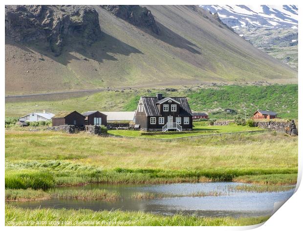 Black Wooden House at Arnarstapi Iceland Print by JUDI LION