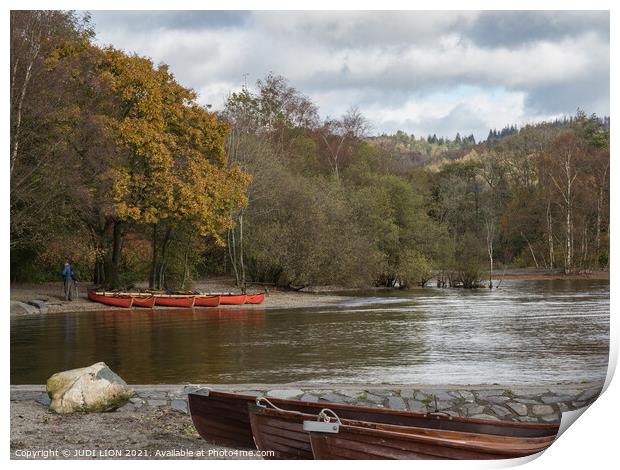 Orange boats at Coniston Water Print by JUDI LION