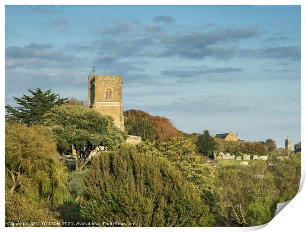 Abbotsbury Church tower Print by JUDI LION