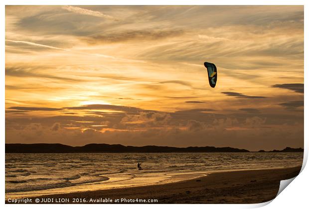 Kite surfer riding along the tideline at sunset Print by JUDI LION