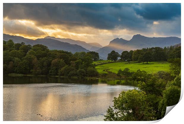 Sunset over Loughrigg Tarn in Lake District Print by Steve Heap