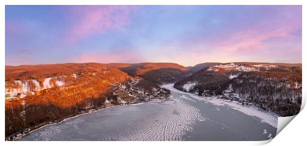 Aerial panorama of the frozen Cheat Lake Morgantown, WV looking  Print by Steve Heap