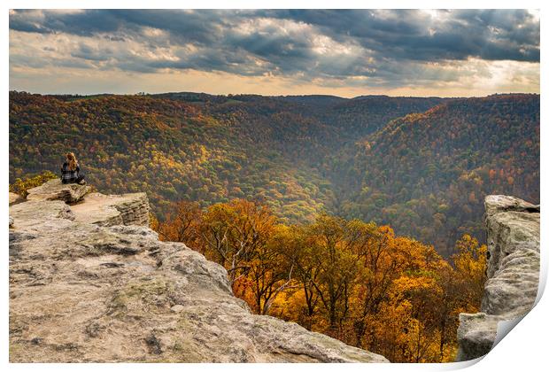 Female Hiker overlooks forest at Coopers Rock WV Print by Steve Heap