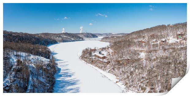 Aerial view down the frozen Cheat River in Morgantown, WV Print by Steve Heap