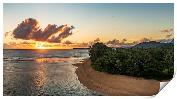 Aerial panorama of sunrise over Tunnels Beach Kauai Hawaii Print by Steve Heap