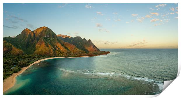 Aerial drone shot of Tunnels Beach at sunrise on Kauai in Hawaii Print by Steve Heap