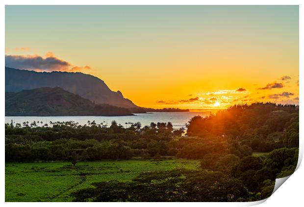 Sunset over Hanalei bay from overlook on the road Print by Steve Heap