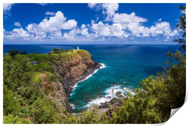Kilauae lighthouse on headland against blue sky on Kauai Print by Steve Heap