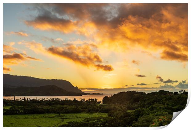 Sunset over Hanalei bay from overlook on the road Print by Steve Heap