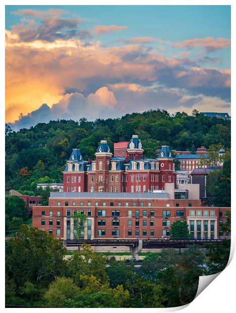 Brooks Hall and Woodburn Hall at sunset in Morgantown WV Print by Steve Heap
